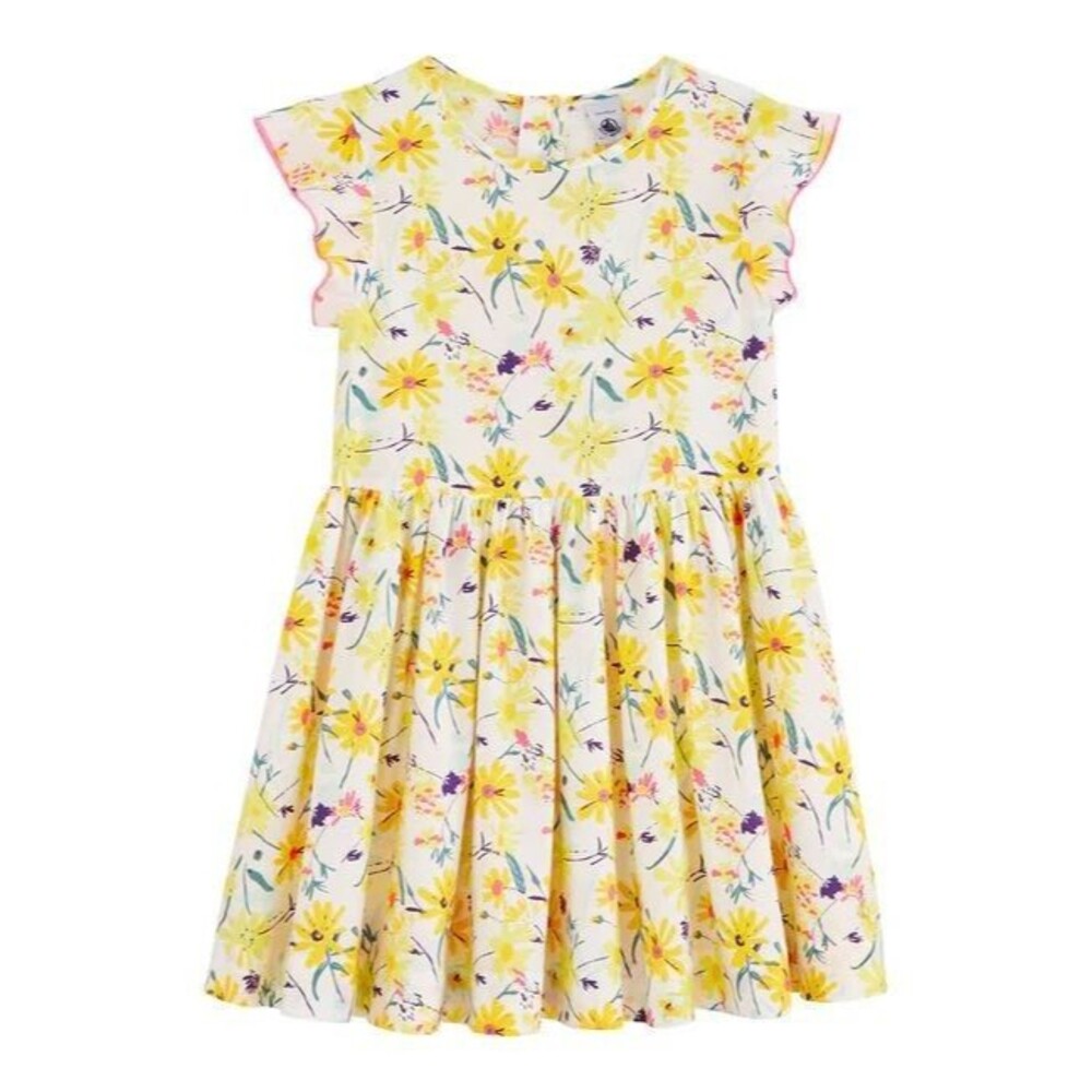 Petit Bateau Dress Girls 3 3Y 95cm Yellow Floral Flutter Sleeve Cotton Sundress